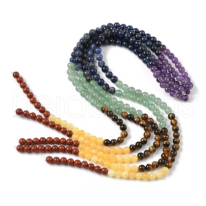 Chakra Natural Red Jasper & Yellow Jade & Green Aventurine & Tiger Eye & Sodalite & Amethyst Beads Strands G-NH0002-E02-6mm-1