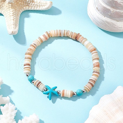 Natural Freshwater Shell with Synthetic Turquoise Beads Stretch Bracelets for Men Women BJEW-JB11745-01-1