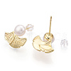 Brass Ginkgo Leaf & Natural Pearl Stud Earrings PEAR-N020-06F-1