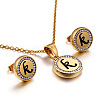 Flat Round with Letter Pattern 304 Stainless Steel Crystal Rhinestone Pendant Necklace & Stud Earring FS-WG33EDD-11-1