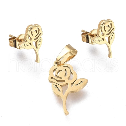 Valentine's Day Rose 304 Stainless Steel Jewelry Sets SJEW-K154-01G-1
