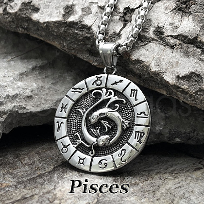 Flat Round with Engraved Twelve Constellation Alloy Pendant Necklace for Women Men WG25F4B-09-1