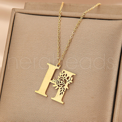 304 Stainless Steel Flower Initial Pendant Necklaces WGE911E-08-1