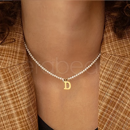 Alloy Initial Pendant White Round Imitation Pearl Beaded Necklaces for Women WG5A9DE-04-1