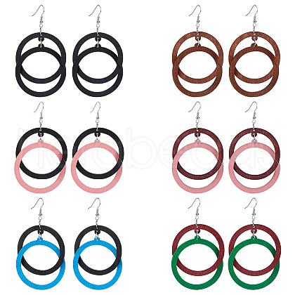 FIBLOOM 6 Pairs 6 Colors Wood Double Ring Dangle Earrings with Iron Pins for Women EJEW-FI0002-38-1