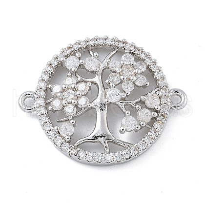 Rack Plating Brass Clear Cubic Zirconia Flat Round with Tree Connector Charms X-KK-A234-033P-1