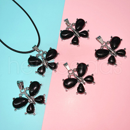 Butterfly Alloy Pave Natural Obsidian Pendant Imitation Leather Cord Necklaces FS-WG1163A-05-1