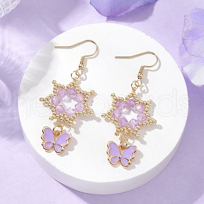 Flower with Butterfly 304 Stainless Steel Glass Seed Beads Dangle Earrings EJEW-MZ00417-02-1