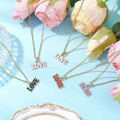 5Pcs 5 Colors Valentine's Day Theme Alloy Enamel Word Love Pendant Necklaces NJEW-JN05222-1