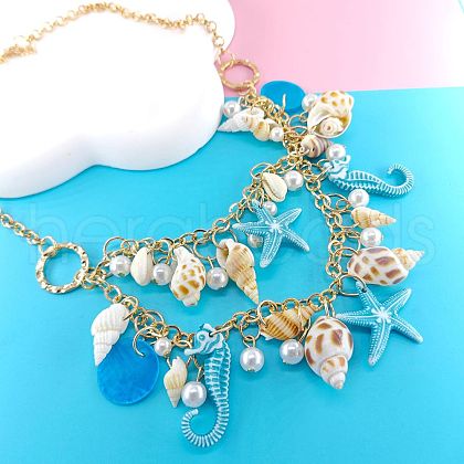 Alloy & Plastic Pearl & Natural Shell Pendant Necklaces FS-WGF2DC0-02-1