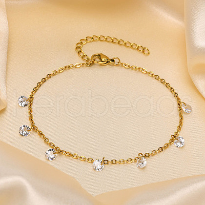 304 Stainless Steel Cable Chain with Flat Round Cubic Zirconia Charm Anklets WG525D3-02-1