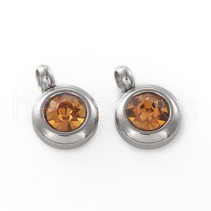 Trendy Original Color 304 Stainless Steel Grade A Rhinestone Flat Round Charm Pendants RB-M030-06G-1