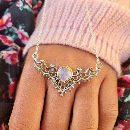 Hollow Triangle Alloy & White Synthetic Opal Pendant Necklaces for Women FS-WG91181-01-1