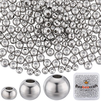 Beebeecraft 450Pcs 3 Style 304 Stainless Steel Round Beads STAS-BBC0003-44-1
