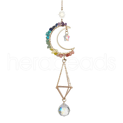 Wire Wrapped Gemstone Chip & Brass Moon Pendant Decoration HJEW-TA00089-1