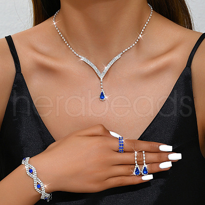 Alloy Rhinestone Horse Eye Chain Bracelets & Teardrop Stud Dangle Earring & Pendant Necklaces & Rings Sets FS-WG7ACD4-06-1