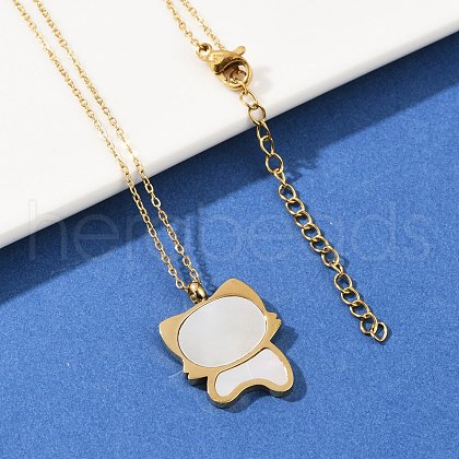304 Stainless Steel Pave Natural White Shell Cute Cat Shaped Pendant Necklaces for Women NJEW-F339-01G-1