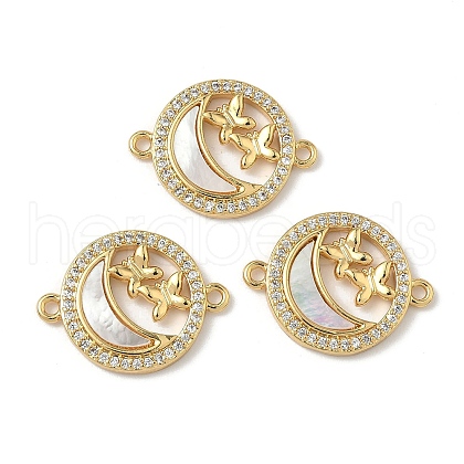 Brass Micro Pave Clear Cubic Zirconia and Natural Shell Moon with Butterfly Connector Charms KK-Z115-11G-1