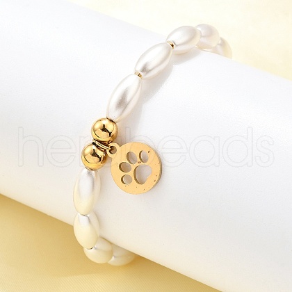 304 Stainless Steel Flat Round with Paw Print Charm Bracelets for Women BJEW-C098-11G-1