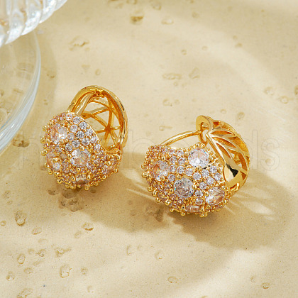 Elegant Brass Clear Cubic Zirconia Flat Round Hoop Earrings GD5823-2-1