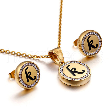 Flat Round with Letter Pattern 304 Stainless Steel Crystal Rhinestone Pendant Necklace & Stud Earring FS-WG33EDD-11-1