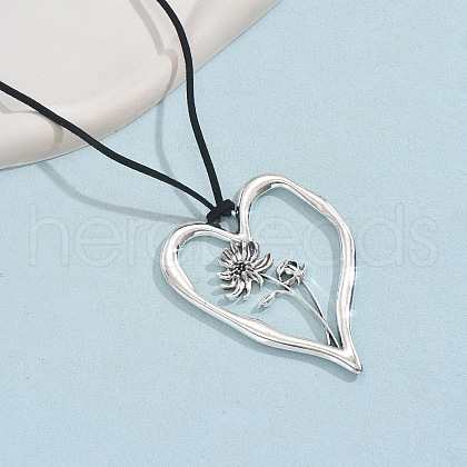 Birth Flower Heart Zinc Alloy Pendant Black Faux Suede Cord Necklaces for Women FS-WGA5BEC-11-1