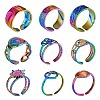 9Pcs 9 Style Rainbow Color 304 Stainless Steel Heart & Star & Word Love Cuff Rings RJEW-SZ0001-20-1