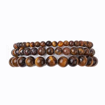 3Pcs Round Natural Tiger Eye Beads Stretch Bracelets BJEW-JB10964-1