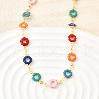 Brass Colorful Enamel Donut Link Chain Necklaces for Women NJEW-D314-04G-1