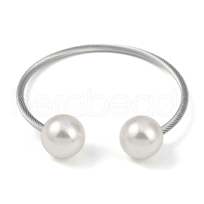 304 Stainless Steel & Plastic Round Bead Open Cuff Bangles BJEW-M042-04P-1