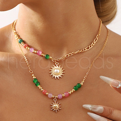 Sun Alloy Plastic Pearl Pendant Necklaces for Women NJEW-U013-11G-1
