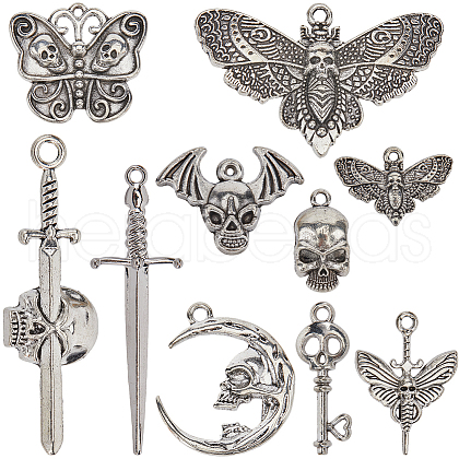 SUNNYCLUE 50Pcs 10 Styles Skeleton Theme Tibetan Style Alloy Pendants FIND-SC0011-06-1
