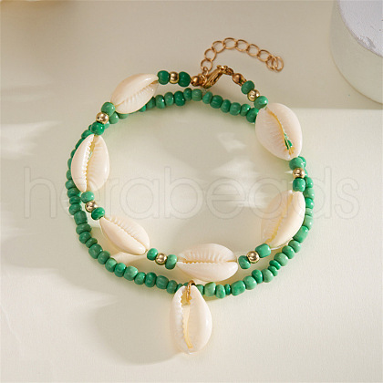 Bohemian Style Natural Cowrie Shell Charm & Glass Seed Beaded Stretch Double Layer Anklets for Women FS-WGC801A-06-1