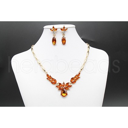 Horse Eye & Leaf & Teardrop Alloy Rhinestone Pendant Necklaces & Stud Dangle Earrings Sets FS-WG3720E-02-1