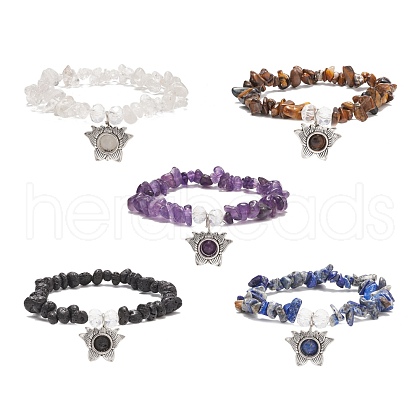 Natural Gemstone Chips Stretch Bracelet with Alloy Lotus Charms for Men Women BJEW-JB08624-1