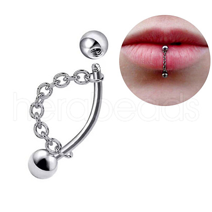 304 Stainless Steel Curved Barbell Lip Rings with Chains FS-WG77CC5-07-1