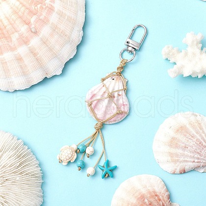 Braided Nylon Thread & Natural Shell Pendant Decorations HJEW-TA00342-03-1