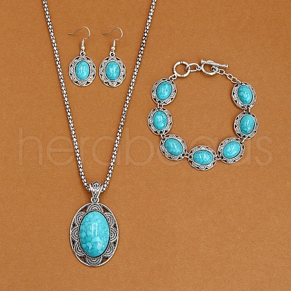 Alloy with Synthetic Turquoise Pendant Necklaces & Link Bracelets & Dangle Earring Sets WGBFEA3-13-1