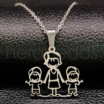 Mother's Day Mom with Two Boy 304 Stainless Steel Pendant Necklaces FS-WG5FFA9-01-1