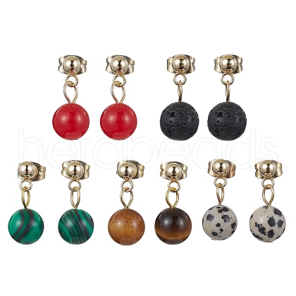 5 Pairs 5 Styles Natural & Synthetic Mixed Gemstone Round Ball Dangle Stud Earrings EJEW-JE05537-S-1