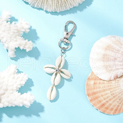 Cross Natural Cowrie Shell Pendant Decorations HJEW-JM03314-01-1