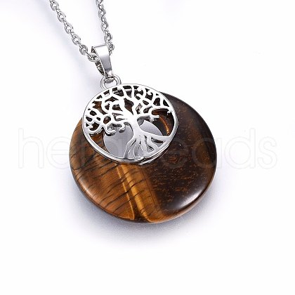 Natural Tiger Eye Flat Round Pendants G-I357-A04-1