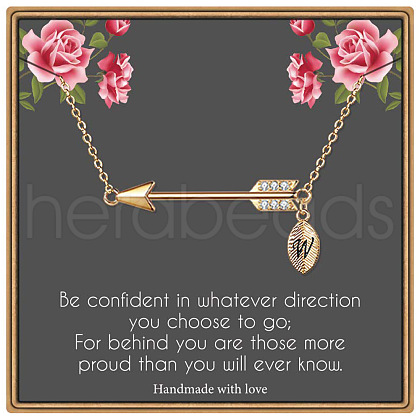 Brass Micro Pave Clear Cubic Zirconia Arrow with Letter Pendant Necklaces FS-WG43978-23-1