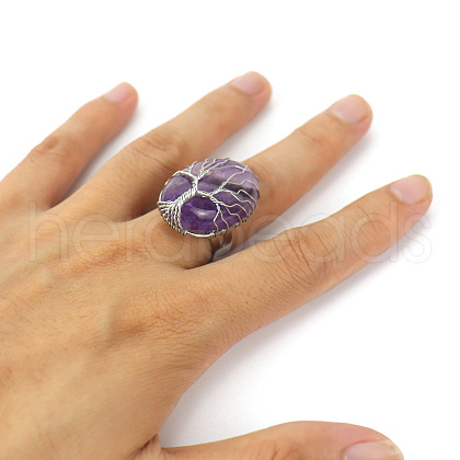 Copper Wire Wrapped Natural Amethyst with Alloy Finger Rings FS-WG01E85-04-1