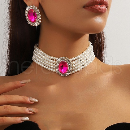 Oval Brass & Glass & Plastic Pearl Beaded Chain Collar & Stud Earrings Sets FS-WG5CD09-11-1