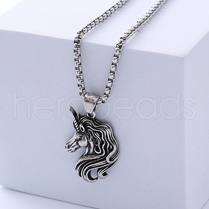 Vintage Punk Style Stainless Steel Unicorn Head Pendant Necklaces for Unisex RN4370-1
