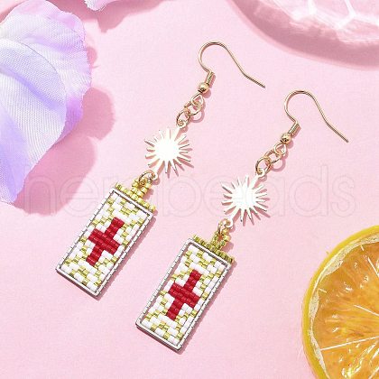Rectangle with Cross Glass Seed Beads Dangle Earrings EJEW-MZ00412-02-1