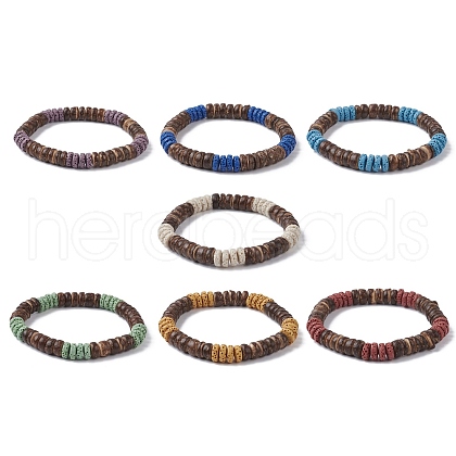 7Pcs 7 Color Dyed Natural Lava Rock & Coconut Disc Beaded Stretch Bracelets Set BJEW-JB09827-1