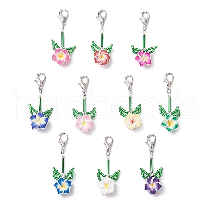 Plumeria Polymer Clay & Glass Seed Beaded Pendant Decorations HJEW-MZ00221-1