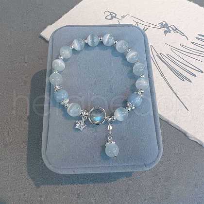 Star Alloy & Natural Aquamarine & Moonstone Round Beaded Charm Bracelets WG18D49-01-1